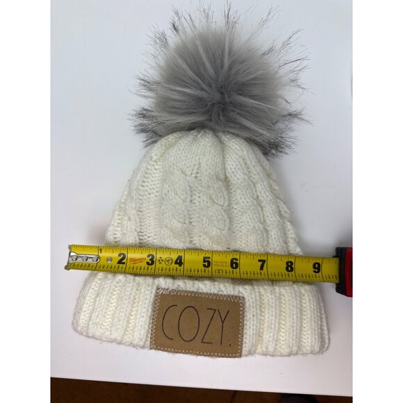 Rae Dunn "Cozy" Women's Ivory Cable Knit Pom Pom Beanie Winter Hat - Picture 7 of 10